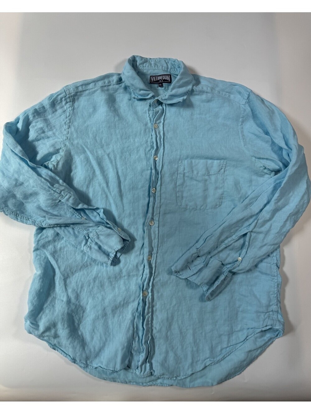 Vilebrequin Men’s XXL 100% Linen Button Down Shirt Aqua Blue Long Sleeve